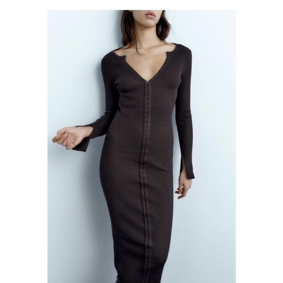 ZARA BROWN FITTED HOOK CLOSURE KNIT DRESS Size small - Picture 3 of 13